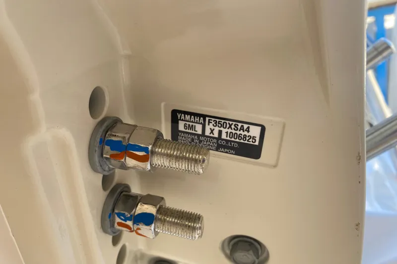  Yacht Photos Pics Close-up of Yamaha engine bolts on 2026 Grady-White Freedom 307 boat.