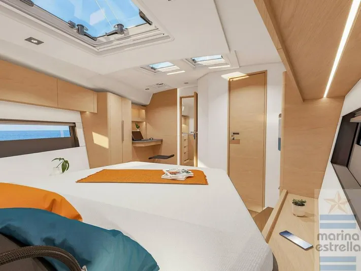  Yacht Photos Pics Luxurious interior of 2022 Hanse 510 yacht with modern design and skylight.