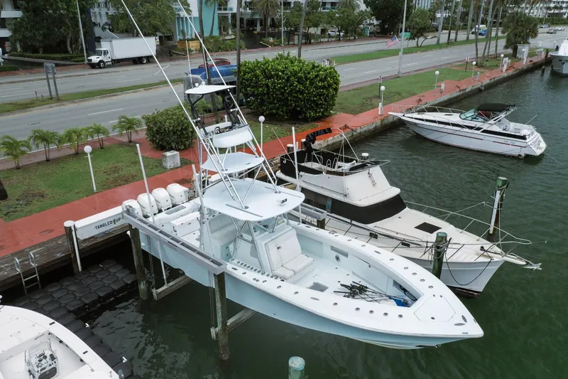  Yacht Photos Pics 2017 SeaVee Z 39 boat docked at marina, aerial view.