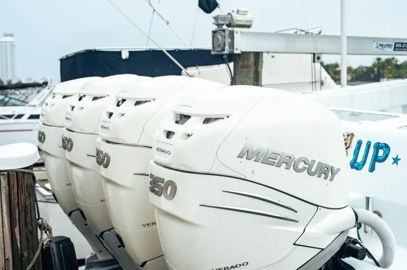  Yacht Photos Pics Four Mercury outboard engines on a 2017 SeaVee Z 39 boat at a marina.