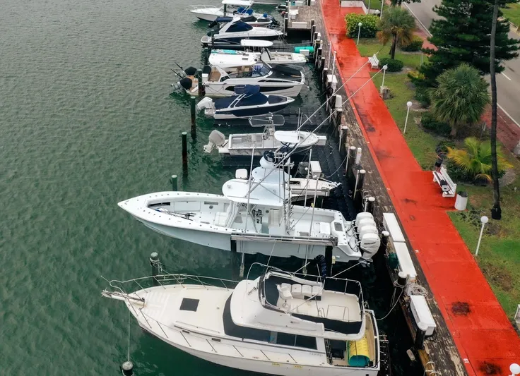  Yacht Photos Pics Aerial view of boats docked at a marina, featuring a 2017 SeaVee Z 39.