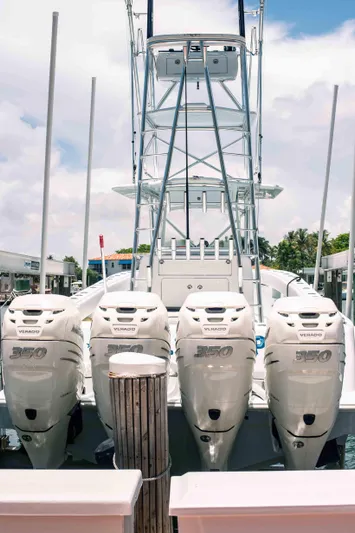  Yacht Photos Pics 2017 SeaVee Z 39 boat with four powerful outboard engines docked at marina.