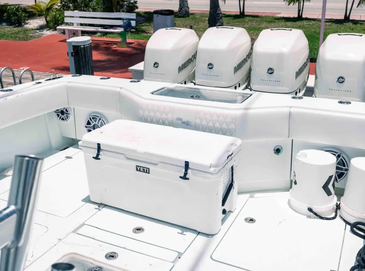  Yacht Photos Pics 2017 SeaVee Z 39 boat deck with Yeti cooler and Mercury engines.