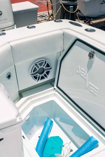  Yacht Photos Pics 2017 SeaVee Z 39 boat interior with storage compartment and speaker.