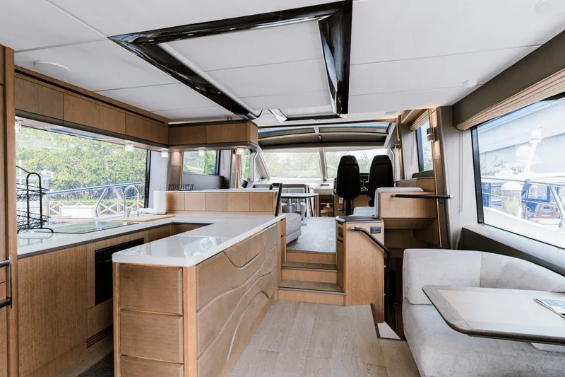Live More Yacht Photos Pics Luxurious interior of 2021 Galeon 680 Fly yacht with modern design and spacious layout.