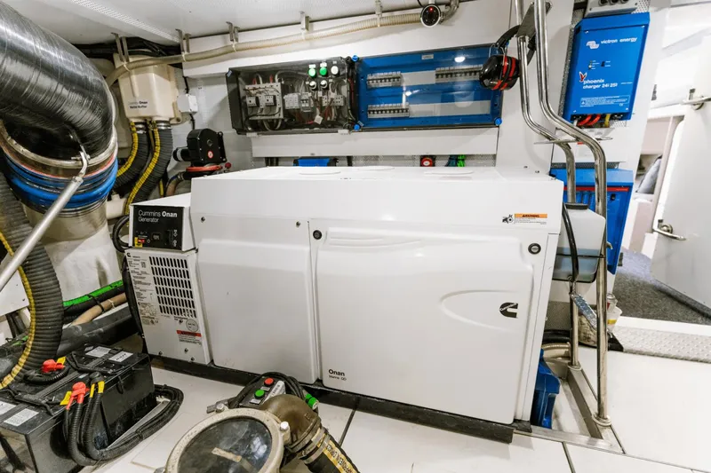 Live More Yacht Photos Pics Engine room of 2021 Galeon 680 Fly yacht with Cummins Onan generator.