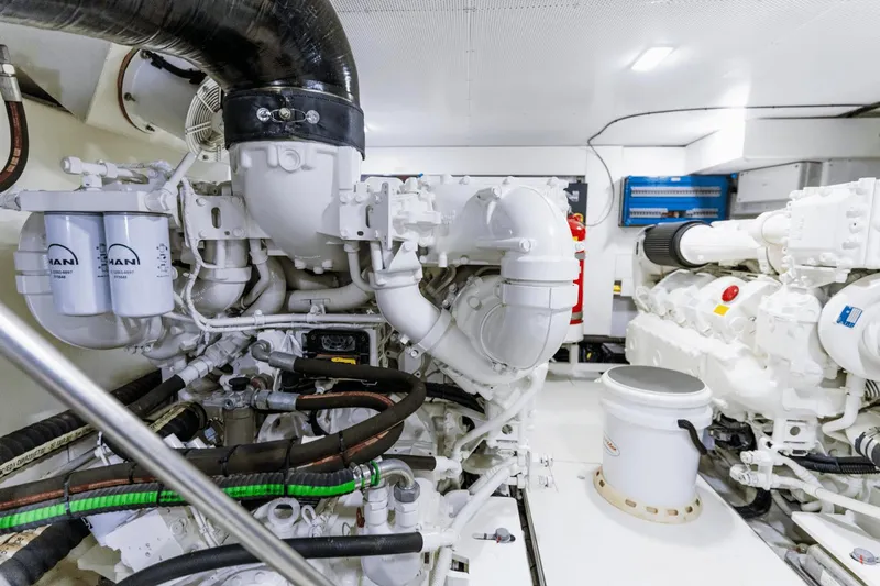 Live More Yacht Photos Pics Engine room of 2021 Galeon 680 Fly yacht, featuring MAN engines and equipment.