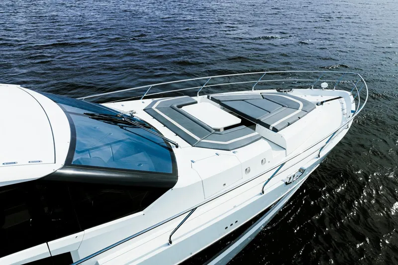 Live More Yacht Photos Pics 2021 Galeon 680 Fly yacht on open water, showcasing sleek design and spacious deck.