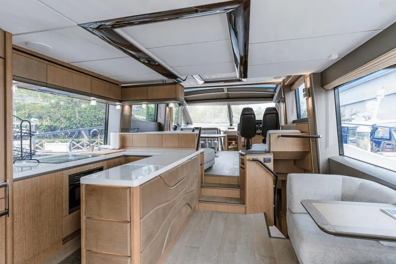 Live More Yacht Photos Pics Luxurious interior of 2021 Galeon 680 Fly yacht with modern design and spacious layout.