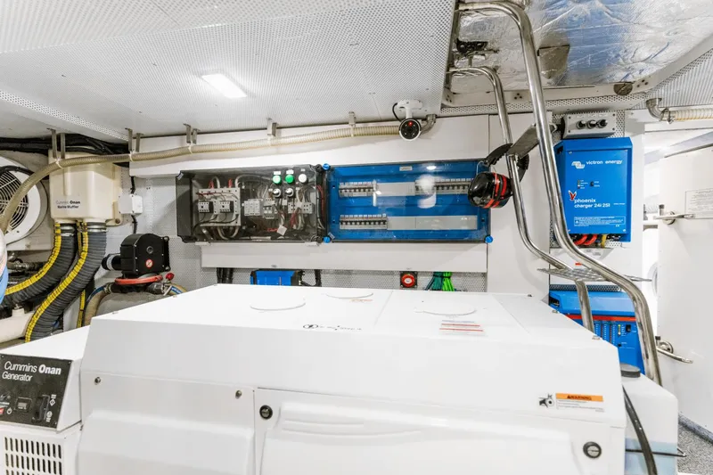 Live More Yacht Photos Pics Engine room of 2021 Galeon 680 Fly yacht with Cummins Onan generator and electrical systems.