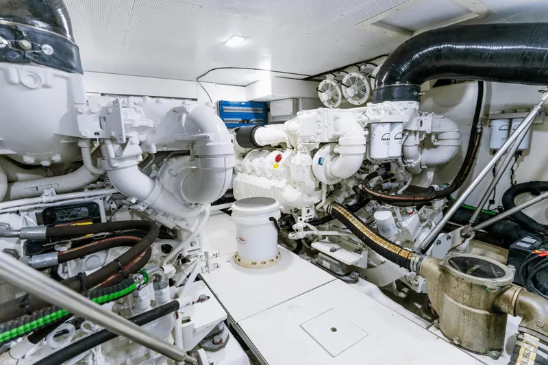 Live More Yacht Photos Pics Engine room of 2021 Galeon 680 Fly yacht, showcasing mechanical components and systems.