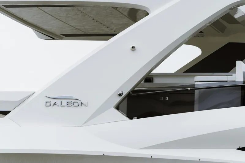 Live More Yacht Photos Pics 2021 Galeon 680 Fly yacht, sleek white design, modern architecture.