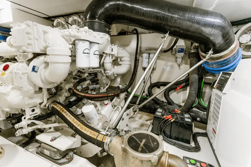 Live More Yacht Photos Pics Engine room of 2021 Galeon 680 Fly yacht, featuring advanced machinery and components.
