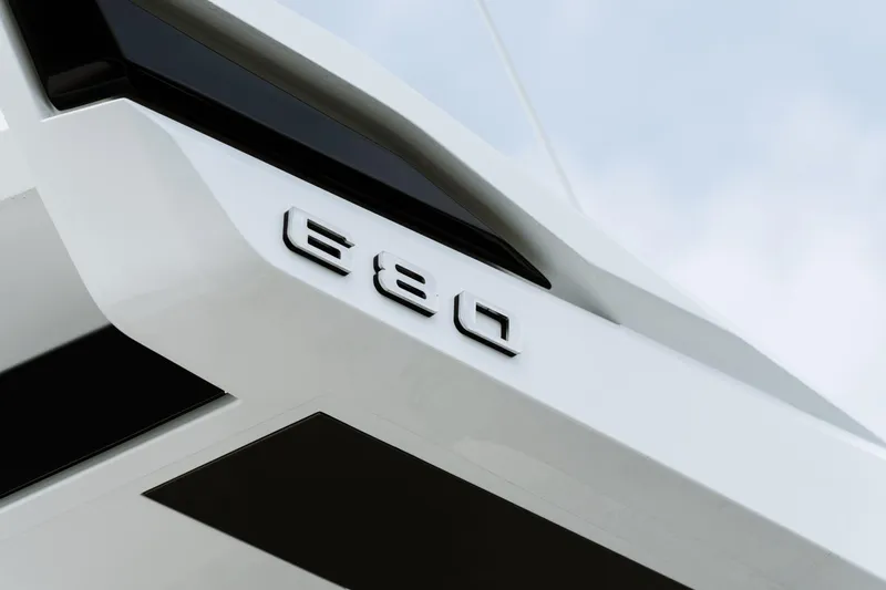 Live More Yacht Photos Pics Close-up of 2021 Galeon 680 Fly yacht exterior with model emblem.