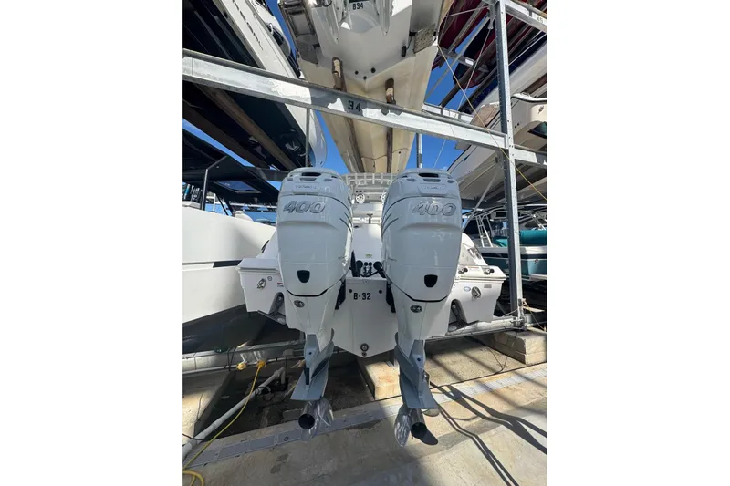  Yacht Photos Pics 2022 Sea Fox 328 Commander with twin 400 horsepower engines in a boatyard.