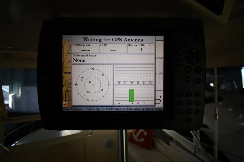 Stormy Yacht Photos Pics GPS display on a 1988 Viking 48 Convertible boat, showing signal status and navigation details.