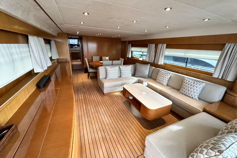 Galini Yacht Photos Pics Luxurious interior of 2001 Cantieri di Pisa 27s yacht with elegant seating and wooden flooring.