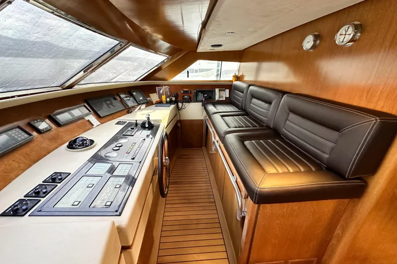 Galini Yacht Photos Pics Luxurious 2001 Cantieri di Pisa 27s yacht interior with sleek control panel and leather seating.