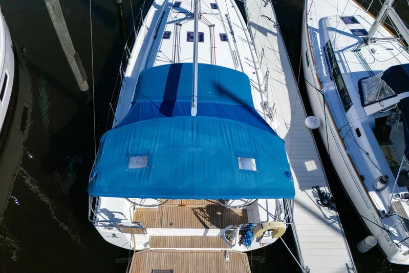 Happy Ours Yacht Photos Pics Aerial view of 2022 Beneteau Oceanis 40.1 yacht docked at marina.