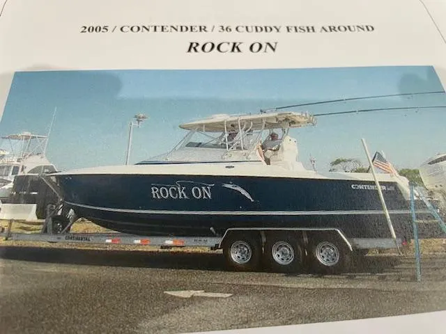 Blue Sky Yacht Photos Pics 2005 Contender 36 Fisharound boat "Rock On" on trailer, side view.