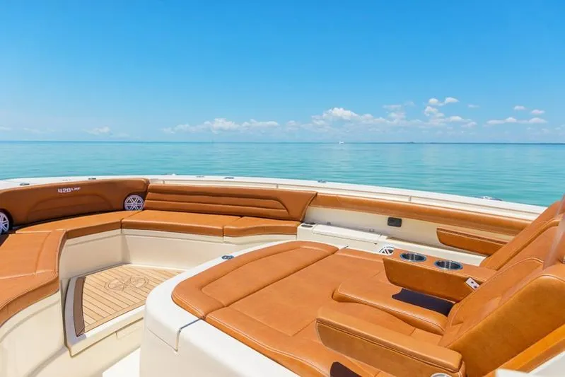  Yacht Photos Pics Manufacturer Provided Image: 2019 Scout 420 LXF boat with luxurious seating on calm blue waters.
