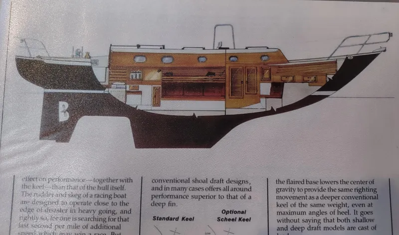 Wu Wei Yacht Photos Pics Cross-section diagram of a 1997 Pacific Seacraft 37 sailboat, showcasing interior layout and keel design.