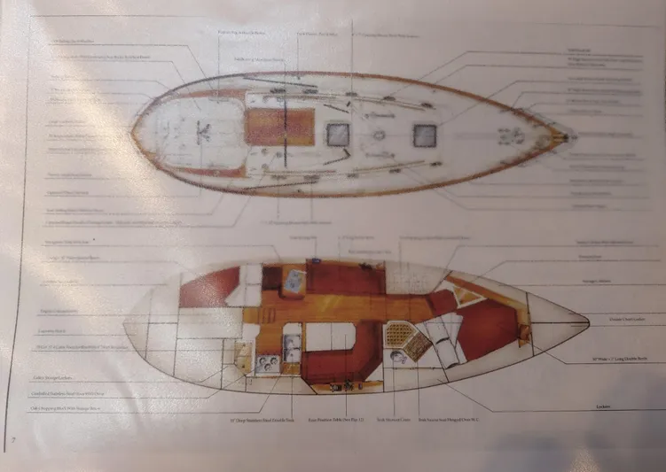 Wu Wei Yacht Photos Pics Floor plan of a 1997 Pacific Seacraft 37 sailboat, showing interior and deck layout.