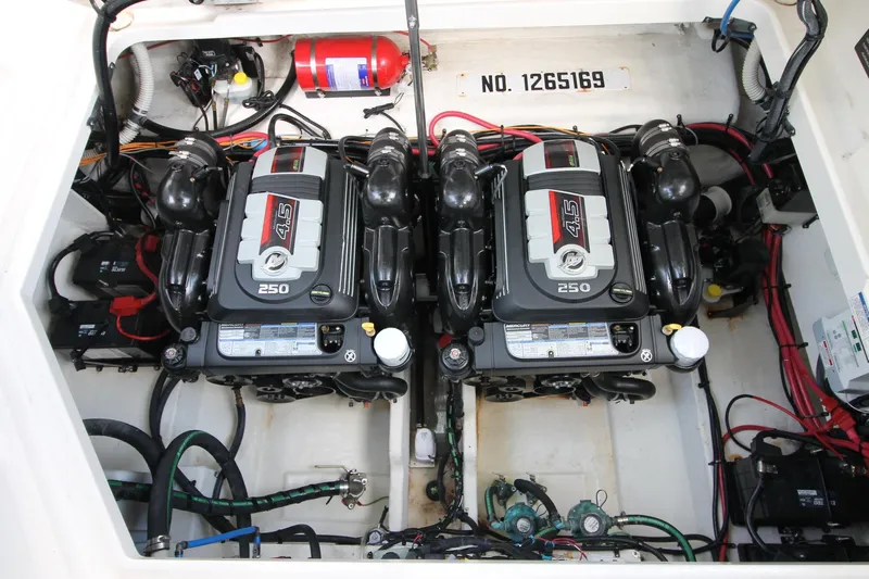  Yacht Photos Pics Engine compartment of 2015 Sea Ray Sundancer 310 with dual 4.5L 250 HP engines.