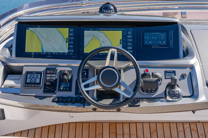 Whiskey Yacht Photos Pics Modern helm of 2021 Princess F55 yacht with advanced navigation displays.