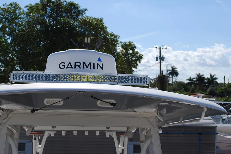 Playin Hooky Yacht Photos Pics 2019 Cobia 344 Center Console with Garmin radar and LED light bar.