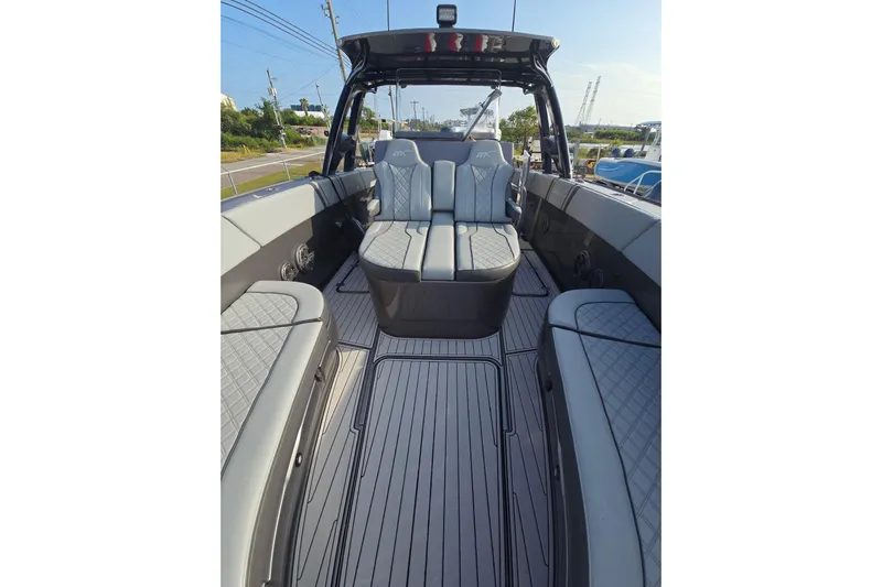  Yacht Photos Pics 2020 Midnight Express 37 Center Console boat interior with sleek seating and modern design.