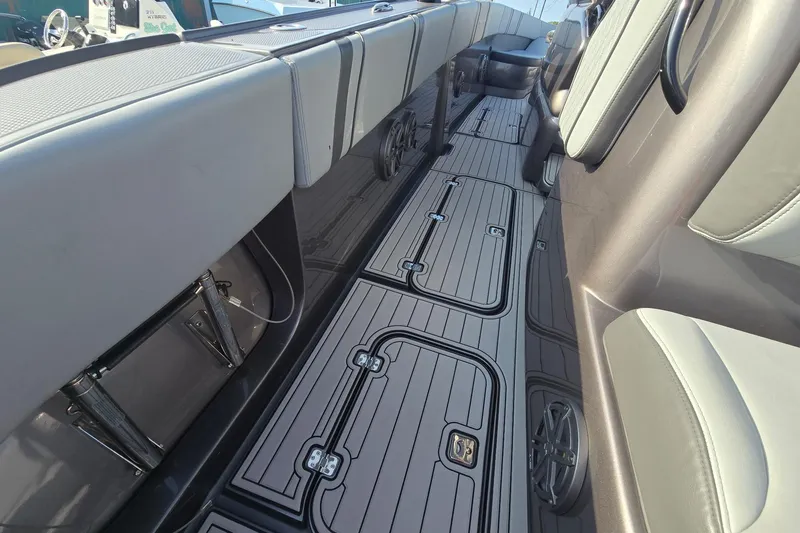  Yacht Photos Pics 2020 Midnight Express 37 Center Console interior with sleek seating and modern flooring design.