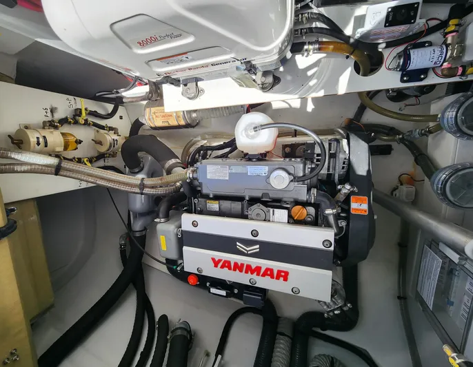 Bonova Yacht Photos Pics Engine room of 2022 Fountaine Pajot Tanna 47 with Yanmar engine and generator.