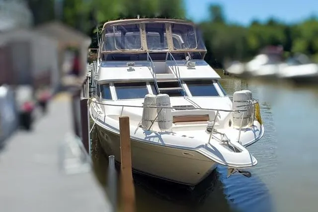 Basic Instinct Yacht Photos Pics 1995 Sea Ray 440 Express Bridge docked on a sunny day.