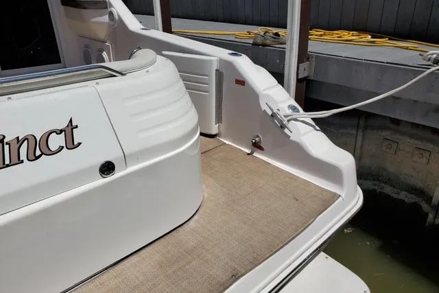 Basic Instinct Yacht Photos Pics 1995 Sea Ray 440 Express Bridge boat deck with docked view.