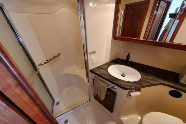 Basic Instinct Yacht Photos Pics Bathroom interior of 1995 Sea Ray 440 Express Bridge yacht, featuring shower and sink.