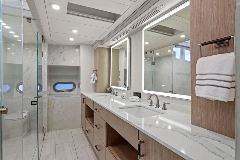 Panacea Yacht Photos Pics Luxurious yacht bathroom with marble countertops and modern fixtures, Mengi Yay 115 MY, 2011.