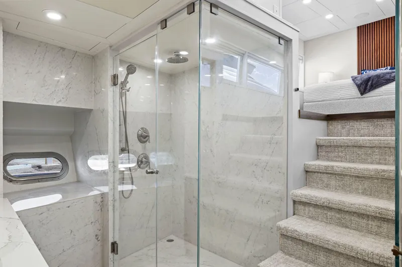 Panacea Yacht Photos Pics Luxurious yacht interior with marble shower and carpeted stairs, Mengi Yay 115 MY, 2011.