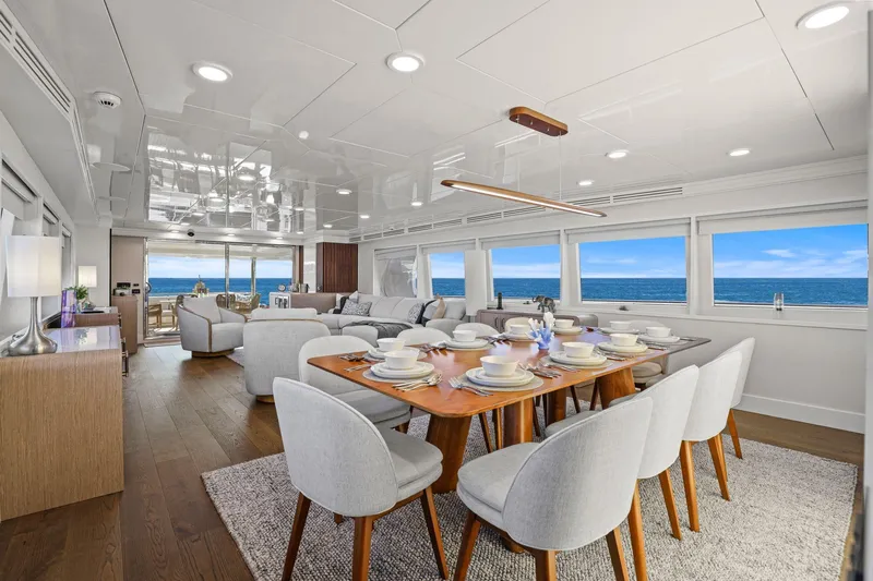 Panacea Yacht Photos Pics Luxurious dining area on 2011 Mengi Yay 115 MY yacht with ocean views.
