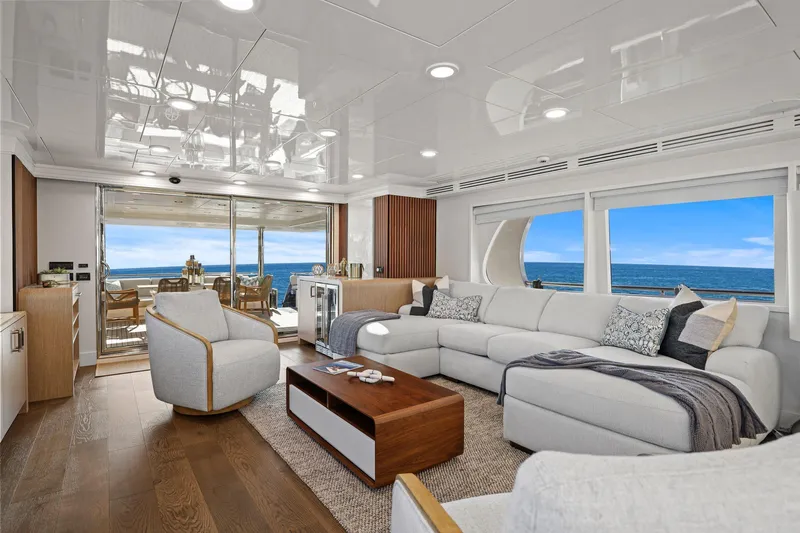 Panacea Yacht Photos Pics Luxurious interior of 2011 Mengi Yay 115 MY yacht with ocean view and elegant furnishings.