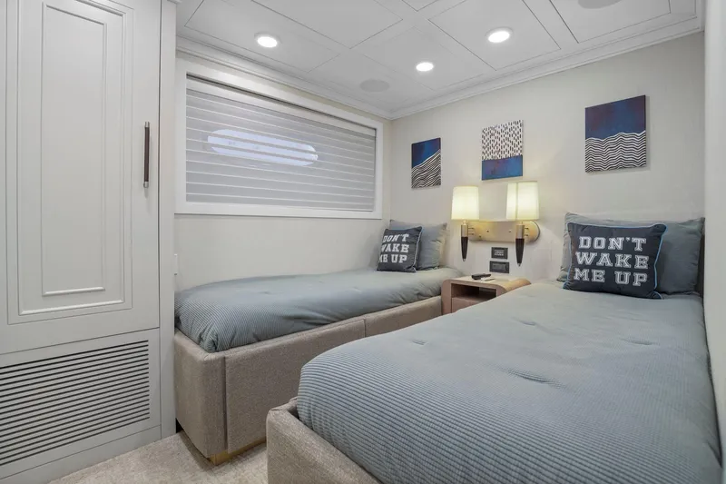 Panacea Yacht Photos Pics Luxurious twin cabin on 2011 Mengi Yay 115 MY yacht with modern decor.