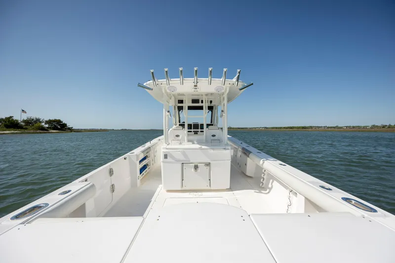  Yacht Photos Pics 2017 Everglades 355 Tournament boat on open water under clear blue sky.