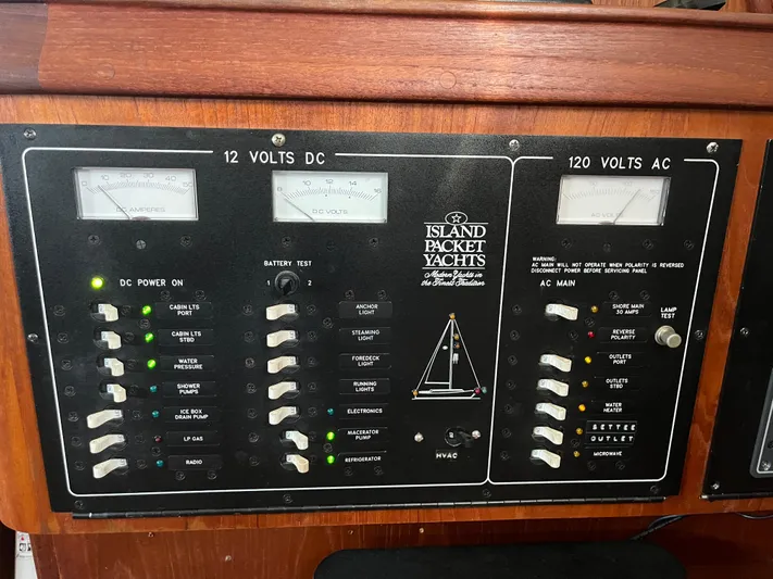  Yacht Photos Pics Electrical panel of a 1997 Island Packet 350 yacht, showing 12V DC and 120V AC systems.
