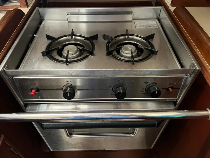  Yacht Photos Pics Stainless steel stove with two burners on a 1997 Island Packet 350 yacht.