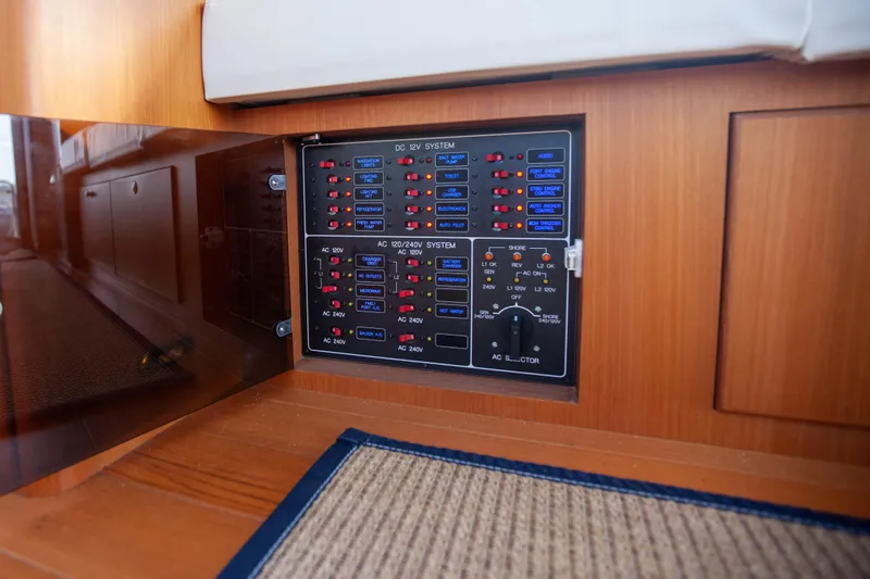  Yacht Photos Pics Electrical panel on a 2018 Hylas M44 yacht, featuring AC and DC systems.
