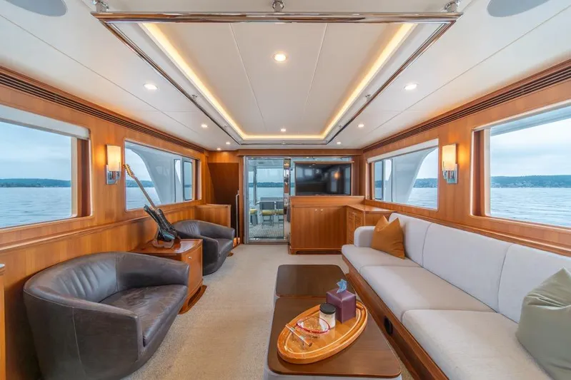 Smile Smile Smile Yacht Photos Pics Luxurious interior of 2022 Outer Reef 720 Motor Yacht with elegant seating and panoramic windows.