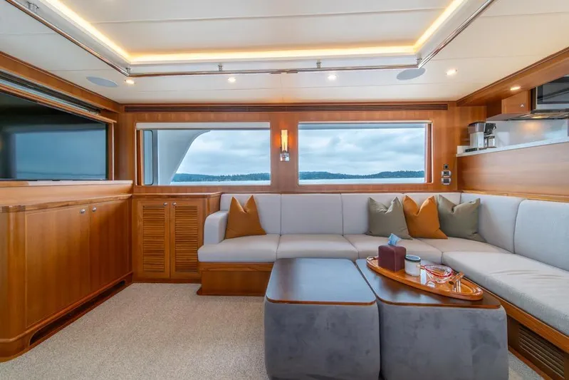Smile Smile Smile Yacht Photos Pics Luxurious interior of 2022 Outer Reef 720 Motor Yacht with elegant seating and scenic window view.
