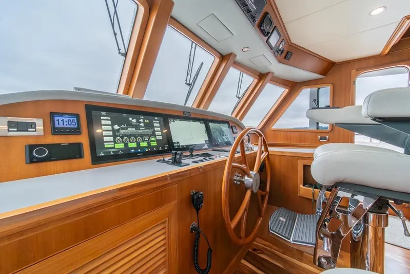 Smile Smile Smile Yacht Photos Pics Interior of 2022 Outer Reef 720 Motor Yacht cockpit with modern navigation equipment.