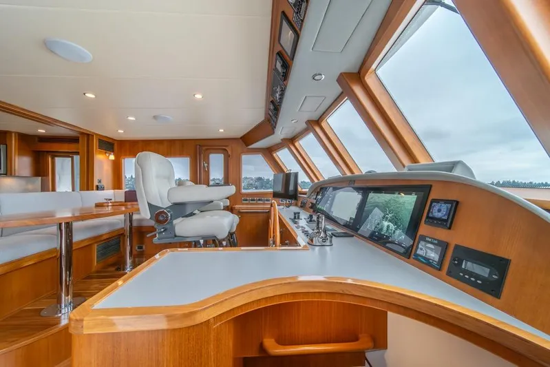 Smile Smile Smile Yacht Photos Pics Luxurious 2022 Outer Reef 720 Motor Yacht helm with modern controls and panoramic windows.