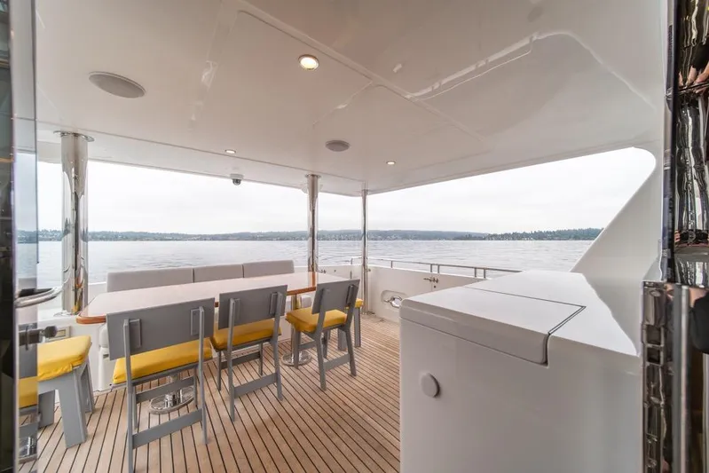 Smile Smile Smile Yacht Photos Pics Luxurious 2022 Outer Reef 720 Motor Yacht deck with seating and ocean view.